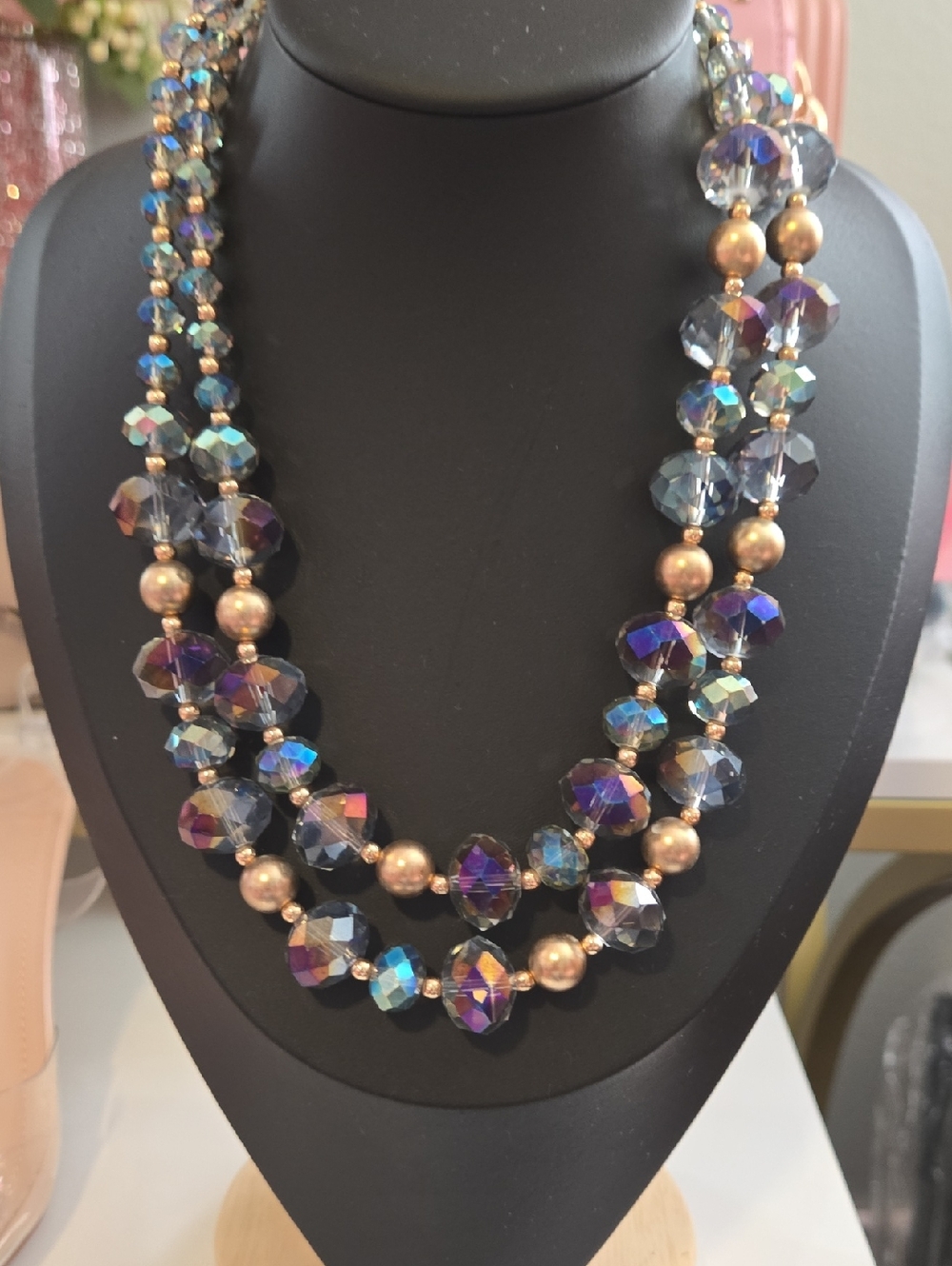 Vintage Iridescent Crystal and Gold-Tone Multi-Strand Necklace - Women Jewelry